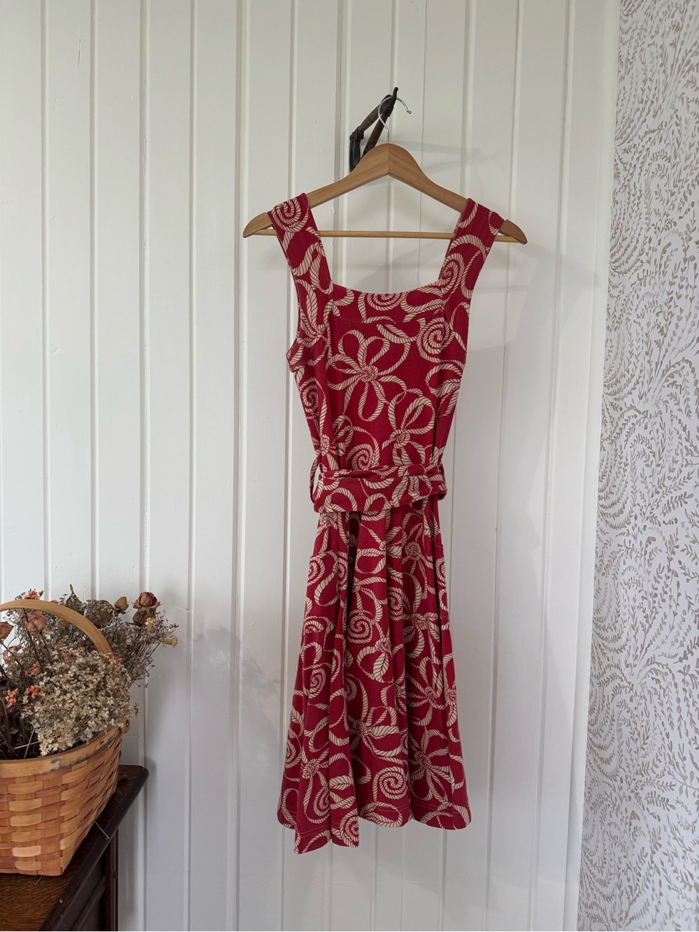 Effie’s Heart Red Rope Floral Cotton Midi Dress Pockets Tie Waist M